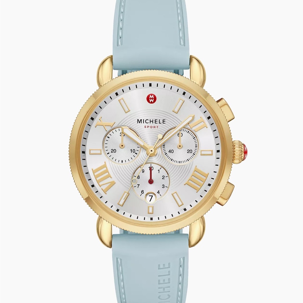 NWT Michele Sport Sail Goldtone Stainless Steel & Silicone Chronograph Watch